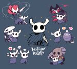  ... 6+others absurdres blue_cape cape character_request glint grimm_(hollow_knight) highres holding holding_pickaxe hollow_eyes hollow_knight hornet_(hollow_knight) horns knight_(hollow_knight) looking_at_viewer mask mask_on_head multiple_others musical_note nail quirrel rariatto_(ganguri) red_cape sitting smile spoken_ellipsis spoken_expression spoken_musical_note spoken_squiggle squiggle 