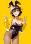  1girl animal_ears ass_visible_through_thighs black_hair black_leotard bow bowtie breasts bunny_ears cleavage commentary_request covered_navel cowboy_shot detached_collar double_v fake_animal_ears hands_up highres jacket kekemotsu leotard looking_at_viewer open_mouth original pantyhose playboy_bunny short_hair simple_background smile solo strapless strapless_leotard v yellow_background yellow_eyes yellow_neckwear 