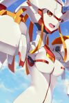  1girl armor blue_sky breasts cloud darling_in_the_franxx day highres humanization humanoid_robot mecha medium_breasts no_humans open_mouth orange_eyes robot sgt-jz sky solo strelizia white_armor 