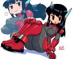  1girl :&gt; :d asta_rindo black_eyes black_hair blush blush_stickers bodysuit breasts character_name closed_mouth dutch_angle gloves grey_bodysuit highres large_breasts long_hair looking_at_viewer multiple_views open_mouth original projected_inset rariatto_(ganguri) red_gloves robot_ears simple_background sitting smile white_background 