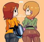  ... 2girls :| alex_(minecraft) arm_cannon ass black_eyes black_pants blonde_hair blush_stickers brown_hair brown_pants character_request closed_mouth cowboy_shot from_behind green_eyes green_shirt hair_over_shoulder highres jitome long_hair looking_at_viewer looking_back multiple_girls pants rariatto_(ganguri) shared_speech_bubble shirt simple_background speech_bubble spoken_ellipsis super_smash_bros. symbol_commentary weapon yellow_background yellow_shirt 