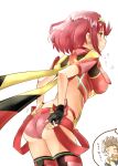  1girl bangs black_gloves breasts earrings fingerless_gloves gloves highres jewelry large_breasts pyra_(xenoblade) red_eyes red_hair red_legwear red_shorts rex_(xenoblade) shiroxai short_hair short_shorts shorts swept_bangs thighhighs tiara xenoblade_chronicles_(series) xenoblade_chronicles_2 