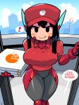  ! 1girl :q absurdres asta_rindo black_eyes black_hair blush_stickers bodysuit bodysuit_under_clothes breasts day english_text entrance gloves highres holding large_breasts long_hair looking_at_viewer original pizza_box pizza_delivery rariatto_(ganguri) red_headwear red_shirt robot_ears seductive_smile shirt smile solo spoken_exclamation_mark standing tongue tongue_out 