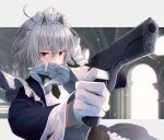  1girl absurdres bangs blurry blurry_background braid eyebrows_visible_through_hair gloves greenkohgen gun handgun highres holding holding_gun holding_weapon izayoi_sakuya long_sleeves looking_at_viewer maid maid_headdress medium_hair pistol red_eyes side_braids silver_hair solo touhou twin_braids upper_body weapon white_gloves 