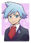  1boy bangs black_jacket blue_eyes blue_hair border chacha_(ss_5087) closed_mouth collared_shirt commentary_request jacket looking_at_viewer male_focus necktie outside_border pokemon pokemon_(game) pokemon_oras red_neckwear shirt short_hair smile solo spiked_hair steven_stone translation_request upper_body white_border white_shirt 