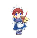  1girl apron arcana_heart bangs blue_dress blue_eyes boots brown_hair chibi closed_mouth dress eyebrows_visible_through_hair fiona_mayfield full_body gloves grey_footwear grey_gloves looking_at_viewer low_twintails maid maid_headdress medium_hair pecka puffy_short_sleeves puffy_sleeves short_eyebrows short_sleeves simple_background smile squirrel standing sword twintails waist_apron weapon white_apron white_background 