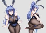  1girl absurdres animal_ears arm_strap armlet azur_lane bangs bare_shoulders black_legwear black_leotard blue_eyes blue_hair blue_nails blue_neckwear blush bodystocking breasts bunny_ears bunny_tail cleavage crossed_bangs detached_collar fake_animal_ears high_ponytail highres leotard licking licking_foot long_hair looking_to_the_side nail_polish necktie new_jersey_(azur_lane) new_jersey_(exhilarating_steps!)_(azur_lane) no_shoes official_alternate_costume open_mouth pantyhose playboy_bunny see-through short_necktie sitting soles tail thigh_gap tongue very_long_hair xiao_gen 