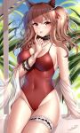  1girl :p angelina_(arknights) angelina_(summer_flowers)_(arknights) animal_ears arknights artist_name bangs bare_shoulders blue_sky breasts brown_eyes brown_hair cleavage commentary covered_navel cowboy_shot day eyebrows_visible_through_hair fox_ears groin hair_ribbon hand_up highres index_finger_raised large_breasts leg_garter long_hair looking_at_viewer one-piece_swimsuit plant red_ribbon red_swimsuit ribbon signature sky solo spaghetti_strap swimsuit thighs tongue tongue_out twintails wsman 