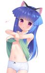  1girl :o animal_ear_fluff animal_ears bangs bare_arms bare_shoulders black_hairband blue_hair blue_panties blunt_bangs blush bow bow_panties cat_ears clothes_lift commentary_request crossed_arms dress dress_lift eyebrows_visible_through_hair fake_animal_ears furude_rika gaou_(babel) green_dress hairband heart heart_in_eye higurashi_no_naku_koro_ni lifted_by_self long_hair looking_at_viewer navel panties parted_lips polka_dot polka_dot_panties red_eyes simple_background sleeveless sleeveless_dress solo symbol_in_eye translation_request underwear undressing very_long_hair white_background 