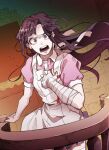  1girl apron bambi_(bam7752) bandaged_arm bandages bangs brown_eyes commentary_request danganronpa_(series) danganronpa_2:_goodbye_despair floating_hair hand_up indoors long_hair looking_at_viewer mole mole_under_eye open_mouth pink_shirt pointing pointing_at_self print_apron puffy_short_sleeves puffy_sleeves purple_hair shirt short_sleeves skirt solo standing thighhighs tsumiki_mikan white_apron 