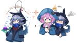  2girls animal_ears arknights bangs blue_eyes blue_hair blue_poison_(arknights) blush cat glaucus_(arknights) highres hood hood_up hooded_jacket jacket jitome long_sleeves low_twintails multicolored_hair multiple_girls pink_hair ryu_(17569823) shirt streaked_hair symbol_commentary tail twintails white_shirt 
