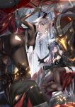  2girls absurdres aegir_(azur_lane) arino_ayarei ass august_von_parseval_(azur_lane) azur_lane bare_shoulders bodystocking breasts brown_legwear chain cleavage demon_girl high_heels highres horns large_breasts long_hair looking_at_viewer looking_back multicolored_hair multiple_girls no_shoes purple_eyes purple_hair red_hair silver_hair soles thighhighs two-tone_hair yellow_eyes 