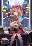  1girl bangs banned_artist blonde_hair book chair closed_mouth eyebrows_visible_through_hair feet_out_of_frame flandre_scarlet full_body full_moon hat highres holding holding_stuffed_toy kneehighs knees_together_feet_apart lamp looking_at_viewer medium_hair mob_cap moon night puffy_short_sleeves puffy_sleeves rainbow red_eyes red_skirt short_sleeves side_ponytail sitting skirt sky solo star_(sky) starry_sky stuffed_animal stuffed_toy teddy_bear touhou white_headwear white_legwear window wings yuuka_nonoko 