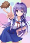  1girl bangs blue_skirt boar botan_(clannad) breasts clannad collarbone collared_shirt cowboy_shot eyebrows_visible_through_hair fujibayashi_kyou hair_between_eyes hair_ribbon hand_on_hip highres hikarizaka_private_high_school_uniform leaning_forward lic_(licloud28) light_smile long_hair medium_breasts multicolored multicolored_background outstretched_arm pose purple_eyes purple_hair red_ribbon ribbon sailor_collar school_uniform serafuku shirt skirt suspender_skirt suspenders v white_ribbon white_shirt 