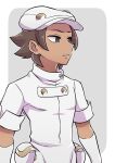  1boy aether_foundation_employee brown_hair chacha_(ss_5087) commentary_request dark-skinned_male dark_skin frown gloves hat jumpsuit looking_to_the_side male_focus npc_trainer parted_lips pokemon pokemon_(game) pokemon_sm short_hair sleeves_rolled_up solo upper_body white_gloves white_headwear white_jumpsuit 