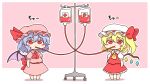  2girls :t ambiguous_red_liquid ascot bangs bat_wings blonde_hair blood blood_bag blue_hair blush_stickers border bow chibi crystal dress drinking eyebrows_visible_through_hair flandre_scarlet full_body hair_between_eyes hair_bow hat highres mob_cap multiple_girls one_side_up outline petticoat pink_background pink_dress pink_headwear puffy_short_sleeves puffy_sleeves red_bow red_dress red_eyes red_neckwear red_skirt red_vest remilia_scarlet shitacemayo short_hair short_sleeves siblings sisters skirt touhou vest white_border white_headwear white_outline wings yellow_neckwear 