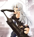  1girl between_legs between_thighs black_gloves black_legwear blue_eyes breasts chain elbow_gloves gloves hand_on_thigh hinghoi huge_weapon large_breasts long_hair looking_at_viewer mole mole_under_mouth nier_(series) nier_automata sword unamused weapon white_hair yorha_type_a_no._2 