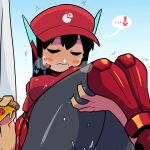  ! ... 1boy 1girl ^^^ asta_rindo baseball_cap black_hair blue_background blush blush_stickers bodysuit closed_eyes covered_nipples curtains deep_skin food full-face_blush hat heart hetero highres holding holding_food holding_pizza implied_sex legs_together long_hair original pizza pizza_delivery pizza_slice rariatto_(ganguri) red_headwear red_shirt reward_available shirt spoken_ellipsis spoken_exclamation_mark spoken_heart sweatdrop 