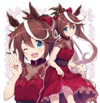  1girl ;d animal_ears bangs blue_eyes blush bow_hairband bracelet breasts brown_hair dress ear_ribbon eyebrows_visible_through_hair hair_between_eyes hair_flaps hair_ribbon hairband high_ponytail horse_ears horse_girl jewelry long_hair looking_at_viewer multicolored_hair odawara_hakone one_eye_closed open_mouth ponytail red_dress red_hairband ribbon short_sleeves smile streaked_hair tokai_teio_(umamusume) two-tone_hair umamusume white_hair 