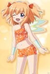  1girl artist_name bangs bare_shoulders blue_eyes blue_wristband blush bow eyebrows_visible_through_hair eyes_visible_through_hair fairy_wings hair_between_eyes hair_bow highres looking_at_viewer one_eye_closed open_mouth orange_hair orange_shirt orange_shorts parody ponytail red_bow remyfive shirt short_hair short_twintails shorts signature simple_background sleeveless smile solo sparkle sparkle_print standing stomach sunny_milk t-shirt teeth tongue touhou twintails wings winx_club wristband yellow_background 