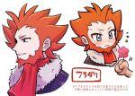  1boy beard blush chacha_(ss_5087) character_name closed_mouth commentary_request facial_hair flower flying_sweatdrops frown fur-trimmed_jacket fur_trim holding holding_flower jacket lysandre_(pokemon) male_focus multiple_views orange_hair pokemon pokemon_(game) pokemon_xy red_neckwear simple_background spiked_hair sweatdrop team_flare white_background 