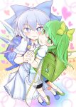  backpack bag blue_eyes blue_footwear blue_hair blush bow bright_pupils cheek-to-cheek cirno daiyousei dress from_above full_body green_eyes green_footwear green_hair hair_bow highres hug ice ice_wings interlocked_fingers looking_at_viewer randoseru smile standing touhou white_pupils wings yassy yuri 