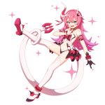  :d bangs bare_shoulders black_gloves blue_eyes boots full_body gloves hair_between_eyes hair_ornament highres honkai_(series) honkai_impact_3rd horns long_hair looking_at_viewer navel open_mouth pink_hair rozaliya_olenyeva simple_background single_glove single_horn sizque smile tail thigh_boots thighhighs white_background white_footwear 