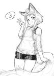  1girl :d ahoge animal_ear_fluff animal_ears bike_shorts blush fang fox_ears fox_girl fox_tail greyscale hand_up jaco looking_at_viewer monochrome off_shoulder open_mouth original shirt short_eyebrows short_shorts short_sleeves shorts simple_background sketch smile solo spoken_number tail thick_eyebrows thigh_gap w white_background 