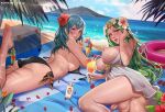  2girls artist_name ass bangs bare_legs barefoot beach bikini black_bikini blush breasts byleth_(fire_emblem) byleth_(fire_emblem)_(female) cup drinking_straw exlic fire_emblem fire_emblem:_three_houses fire_emblem_heroes flower full-package_futanari futanari green_eyes green_hair hair_flower hair_ornament hair_tucking innertube island large_breasts leg_up lips long_hair looking_at_viewer lotion lying mat medium_hair multiple_girls nail_polish nipples on_stomach patreon_username penis pussy rhea_(fire_emblem) smile spoon sunscreen swimsuit testicles toes uncensored untied untied_bikini utensil_in_mouth white_bikini 