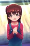  1girl bangs blurry blurry_background blush_stickers brown_eyes child collarbone commentary english_commentary eyebrows_visible_through_hair highres long_hair long_sleeves looking_at_viewer original overalls qm red_hair red_shirt shirt smile 