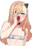  1girl blonde_hair blush choker eyebrows_visible_through_hair eyepatch_bikini fellatio_gesture green_eyes hair_ornament highres insect_hair_ornament long_hair naughty_face oral_invitation original saliva sexually_suggestive suisogenshi tongue tongue_out upper_body very_long_hair white_background 