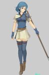  1girl absurdres armor bangs belt blue_eyes blue_hair boots breastplate circlet fingerless_gloves fire_emblem fire_emblem:_the_binding_blade full_body gloves highres holding holding_weapon lance looking_at_viewer pauldrons polearm samohichi short_hair shoulder_armor skirt smile solo thea_(fire_emblem) thighhighs weapon zettai_ryouiki 