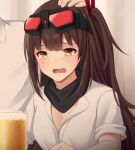  1girl 1other act_(xadachit) alcohol bangs beer beer_mug black_scarf blush breasts brown_hair cleavage collared_shirt commentary cup girls&#039;_frontline girls&#039;_frontline_2:_exilium goggles goggles_on_head hair_ornament headpat highres long_hair mayling_shen_(girls&#039;_frontline_2) medium_breasts mug one_side_up open_mouth out_of_frame scarf shirt sleeves_rolled_up tearing_up tears upper_body wavy_mouth white_shirt yellow_eyes 