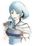  1girl armor bangs blue_eyes blue_hair blue_jacket breastplate circlet eyebrows_visible_through_hair fire_emblem fire_emblem:_the_binding_blade highres jacket looking_to_the_side open_mouth pauldrons samohichi shirt shirt_under_jacket short_hair shoulder_armor smile solo thea_(fire_emblem) upper_body white_background white_shirt 