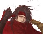  1boy black_hair clawed_gauntlets cloak final_fantasy final_fantasy_vii gloves headband hidden_mouth long_hair looking_to_the_side male_focus messy_hair pale_skin red_cloak red_eyes red_headband user_genp7735 vincent_valentine 