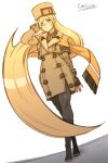  1girl absurdres arm_scarf artist_name bangs blonde_hair blue_eyes brown_coat carcass_(artist) coat fingerless_gloves fur_hat gloves guilty_gear guilty_gear_strive hand_on_another&#039;s_head hat highres long_hair millia_rage simple_background solo standing ushanka very_long_hair white_background wide_hips 