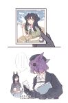  2girls animal_ears arknights black_hair dobermann_(arknights) dog_ears dog_girl dur-nar_(arknights) fox_ears fox_girl gloves highres jacket kaleka long_hair long_sleeves multiple_girls photo_(object) purple_hair short_hair tail v younger 