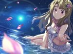  bikini bikini_skirt blurry blurry_foreground breasts brown_eyes brown_hair cleavage commentary_request dutch_angle flower flower_necklace full_moon hair_flower hair_ornament highres idolmaster idolmaster_million_live! jewelry lens_flare long_hair looking_at_viewer miyao_miya moon necklace night ocean petals rainbow run_p_(aveton) shallow_water swimsuit thick_eyebrows water white_bikini 