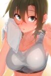  1girl apple_(ygbhjdbiulsg) backlighting bangs blonde_hair breasts fingers green_eyes highres idolmaster idolmaster_cinderella_girls large_breasts looking_at_viewer messy_hair midriff_peek parted_lips shirt_tug simple_background sports_bra sweat tada_riina towel wet wet_hair white_sports_bra white_towel wiping wiping_face wiping_sweat 