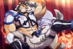  2boys abs alca alternate_costume animal_ears bara beard black_hair black_male_underwear bulge commission couple dog_boy dog_ears estper extra_ears facial_hair fiery_tail furry furry_with_furry gyee highres lion_boy lion_ears lion_tail locker locker_room male_focus mature_male midriff multiple_boys muscular muscular_male nipple_slip nipples open_fly open_pants original pants pectorals short_hair smile sportswear spread_legs stomach tail thick_eyebrows undercut yaoi 