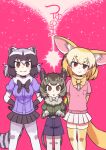  3girls :o animal_ear_fluff animal_ears arms_behind_back bangs belt black_bow black_gloves black_hair black_shorts black_skirt blonde_hair bow bowtie brown_eyes commentary_request common_raccoon_(kemono_friends) cover cover_page degu_(kemono_friends) doujin_cover extra_ears eyebrows_visible_through_hair fennec_(kemono_friends) fox_ears fox_girl fox_tail fur_collar gloves green_shirt grey_hair hands_on_hips kemono_friends kitsunetsuki_itsuki multicolored_hair multiple_girls pink_background pink_shirt pleated_skirt puffy_short_sleeves puffy_sleeves purple_shirt raccoon_ears raccoon_girl raccoon_tail shirt short_hair short_sleeves shorts simple_background skirt smile tail thighhighs white_bow white_skirt yellow_bow yellow_legwear zettai_ryouiki 