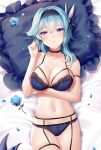  1girl aqua_hair arm_strap bare_arms bare_shoulders bed_sheet black_choker blue_bra blue_eyes blue_flower blue_panties bra breasts choker cleavage collarbone eula_(genshin_impact) flower garter_straps genshin_impact hair_ornament hairband hand_up large_breasts lingerie lying medium_hair navel on_back on_bed panties pillow rimuu rose solo spaghetti_strap stomach string_bra thighs underwear underwear_only 