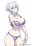  1girl bangs bare_shoulders blue_eyes blush breasts cleavage collarbone highres large_breasts long_hair looking_at_viewer navel original silver_hair simple_background solo thighs zeroshiki_kouichi 