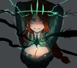  1girl arms_behind_head arms_up bangs braid braided_ponytail brainwashing breasts cleavage clenched_teeth corruption glowing glowing_eyes green_eyes grey_background hair_tubes league_of_legends long_hair long_sleeves looking_up magic medium_breasts mind_control miss_fortune_(league_of_legends) motion_lines parted_bangs ratatatat74 red_hair shiny shiny_skin simple_background single_braid solo tears teeth trembling upper_body 