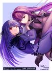  2girls absurdres armor asakou_(n_morninglight) bodysuit breasts carrying_person dress fate/grand_order fate_(series) feather_trim fur-trimmed_dress fur_trim headpiece highres large_breasts leotard long_hair multiple_girls pantyhose pauldrons purple_bodysuit purple_dress purple_hair purple_leotard purple_ribbon red_eyes ribbon scathach_(fate) scathach_(fate)_(all) scathach_skadi_(fate) shoulder_armor thank_you tiara very_long_hair 
