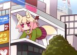  1girl all_fours animal_ear_fluff animal_ears bangs bell blonde_hair brown_collar building collar commentary_request crane_(machine) eyebrows_visible_through_hair fox_ears fox_girl fox_tail green_shirt hair_between_eyes hair_bun hair_ornament highres jingle_bell kemomimi-chan_(naga_u) long_sleeves naga_u neck_bell orange_neckwear original pleated_skirt purple_eyes purple_skirt ribbon-trimmed_legwear ribbon_trim shirt skirt sleeves_past_fingers sleeves_past_wrists solo tail thighhighs v-shaped_eyebrows white_legwear 