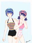  2girls black_swimsuit blue_eyes blue_hair blush breasts brown_eyes color_connection freckles goggles goggles_on_head grin hair_color_connection hand_on_own_face highres kagami_tsurugi kamokuash locked_arms marinette_dupain-cheng matching_headwear miraculous_ladybug multiple_girls one-piece_swimsuit pink_swimsuit polka_dot polka_dot_swimsuit print_swimsuit shoulder_blush smile striped striped_swimsuit swim_cap swimsuit teenage yuri 