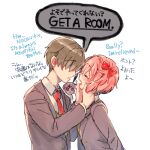  1boy 2girls bilingual bow brown_hair closed_eyes commentary covered_eyes doki_doki_literature_club english_text engrish_text eyebrows_visible_through_hair grey_jacket hair_bow hair_over_eyes hand_on_another&#039;s_cheek hand_on_another&#039;s_chin hand_on_another&#039;s_face jacket long_sleeves lowres multiple_girls natsuki_(doki_doki_literature_club) necktie open_mouth pink_hair protagonist_(doki_doki_literature_club) ranguage red_bow red_neckwear sayori_(doki_doki_literature_club) school_uniform shirt short_hair simple_background sora_(efr) speech_bubble white_background white_shirt 
