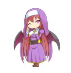  1girl ;) arcana_heart bangs bat_wings belt brown_footwear brown_hair chibi clarice_di_lanza closed_mouth dress eyebrows_visible_through_hair full_body hand_on_own_chest index_finger_raised long_hair long_sleeves looking_at_viewer nun one_eye_closed pecka pink_eyes purple_dress simple_background smile solo standing very_long_hair white_background wings 