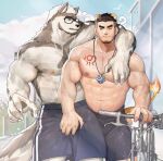  2boys ? abs alca animal_ears arm_hair bara beard bicycle black_hair black_shorts chest_hair commission couple crotch_grab dog_boy dog_ears extra_ears facial_hair furry furry_with_non-furry grabbing ground_vehicle gyee gym_uniform highres interspecies jewelry large_pectorals lion_boy lion_ears lion_tail male_focus mature_male multiple_boys muscular muscular_male navel necklace nipples one_eye_closed original pectoral_grab pectorals peterhl shirtless short_hair shorts sportswear stomach tail thick_eyebrows thighs undercut yaoi 
